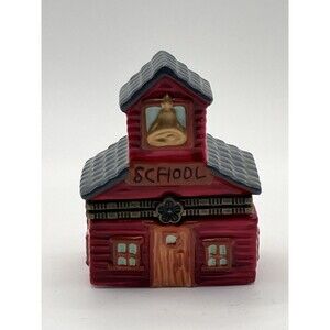 Vtg Miniature School House Hinged Trinket Box Porcelain 3.5” W/ 2 TRINKETS! Rare